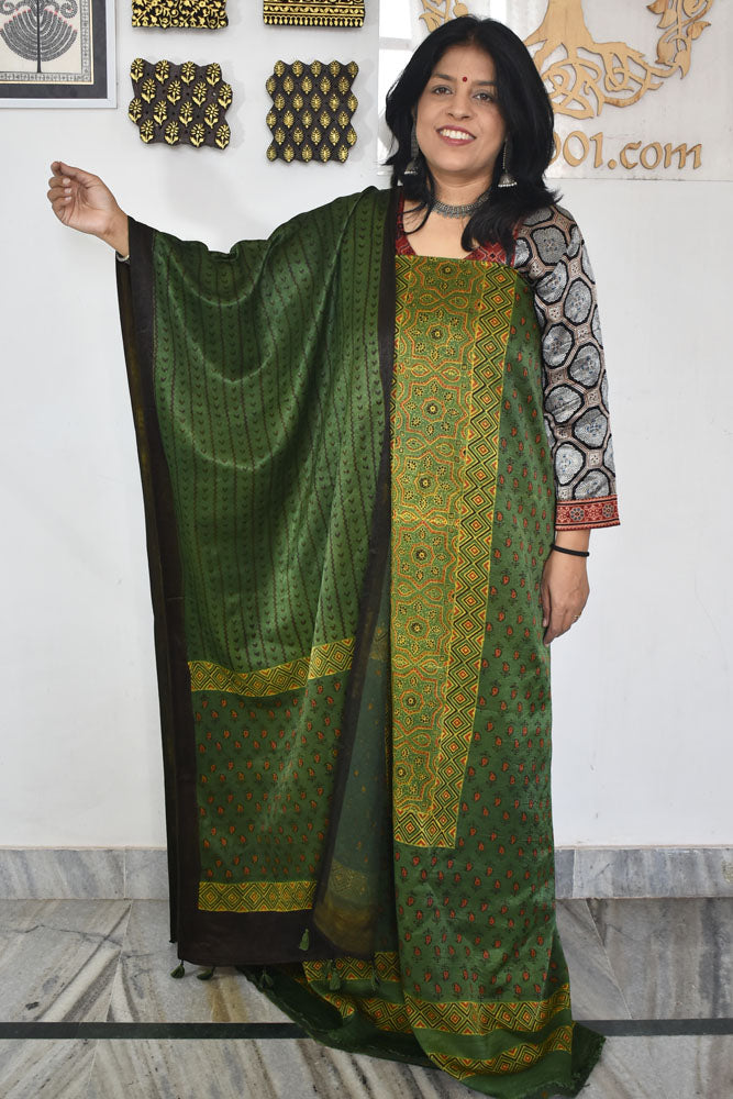 Designer Ajrakh Mashru Silk Unstitched suit with panel / yoke design- 3 piece set