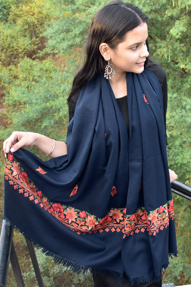 Elegant, Fine & Soft Semi Pashmina Woolen Stole with Aari work Embroidery