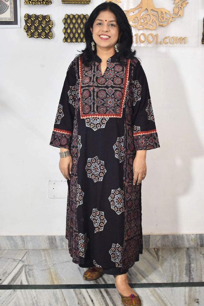 Designer Hand Block Printed Ajrakh cotton Kurta / Dress - Size 38 to 48 ( all sizes)