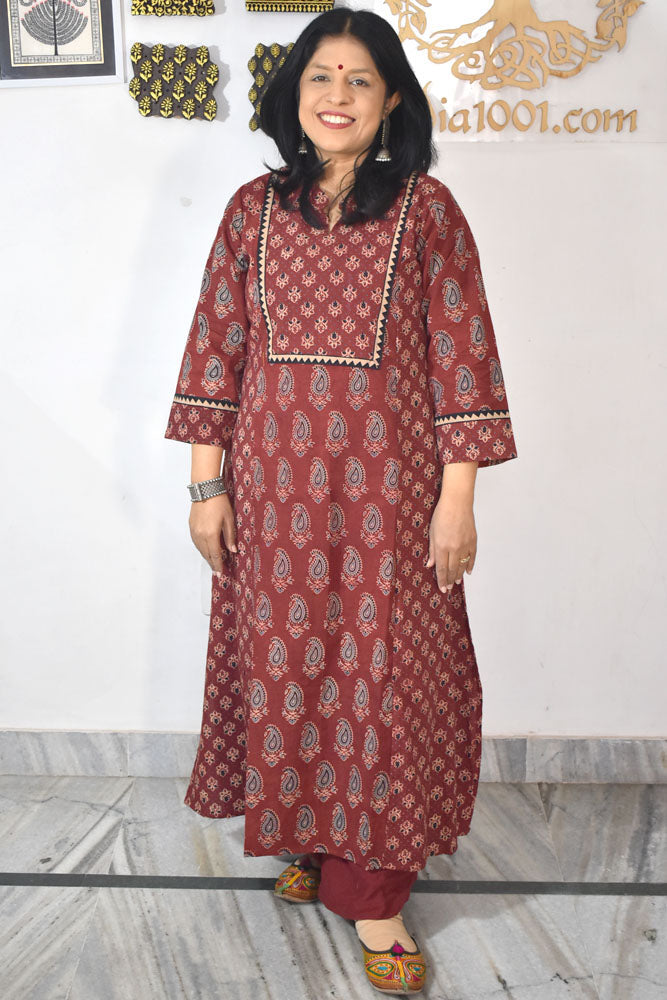 Designer Hand Block Printed Ajrakh cotton Kurta / Dress - Size 38 to 48 ( all sizes)