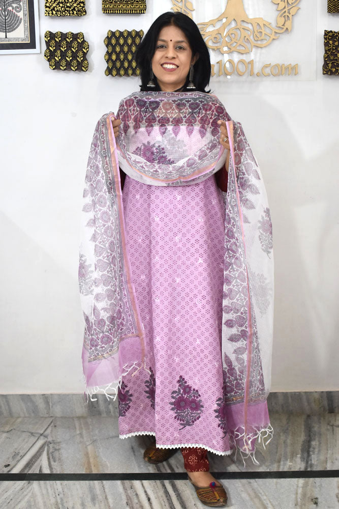 Elegant Hand Block print cotton suit with Woven kurta and bottom & Kota Dupatta