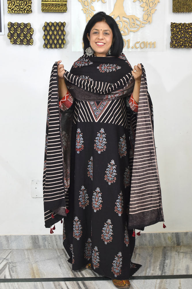 Designer Ajrakh Cotton kurta with  panel design & Mirror work & Cotton dupatta - 3 piece set
