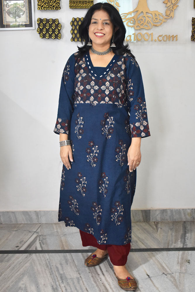 Beautiful Hand Block Printed Ajrakh Cotton kurta with Kutch Mirror work , Size 38 to 46
