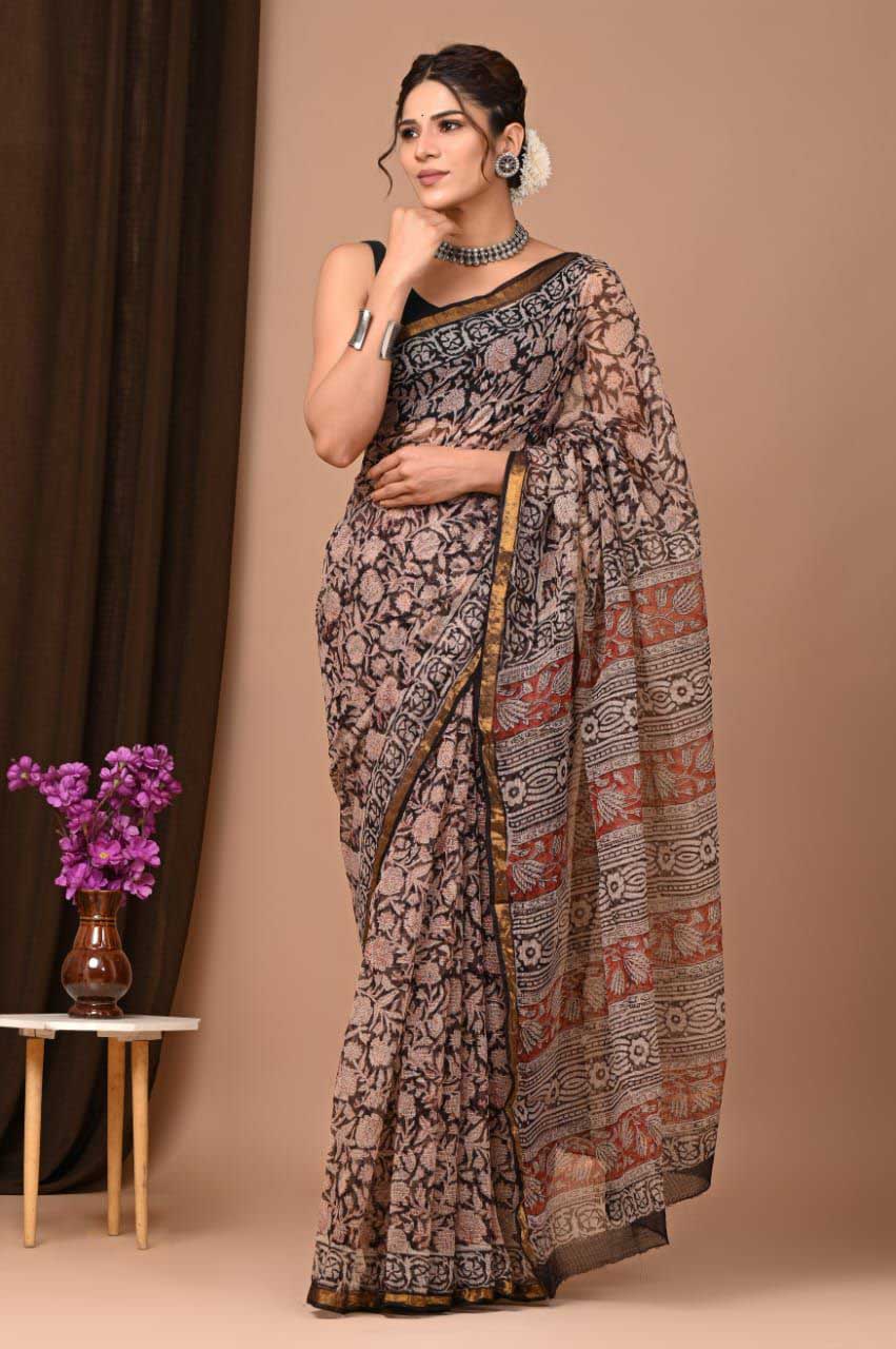 Beautiful Hand Block Printed Kota cotton Saree with zari border