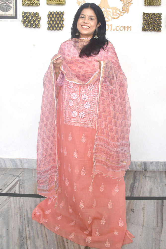 Elegant Lucknowi Chikankari Hand Embroidery work & Block print Dupatta - 2 pc set