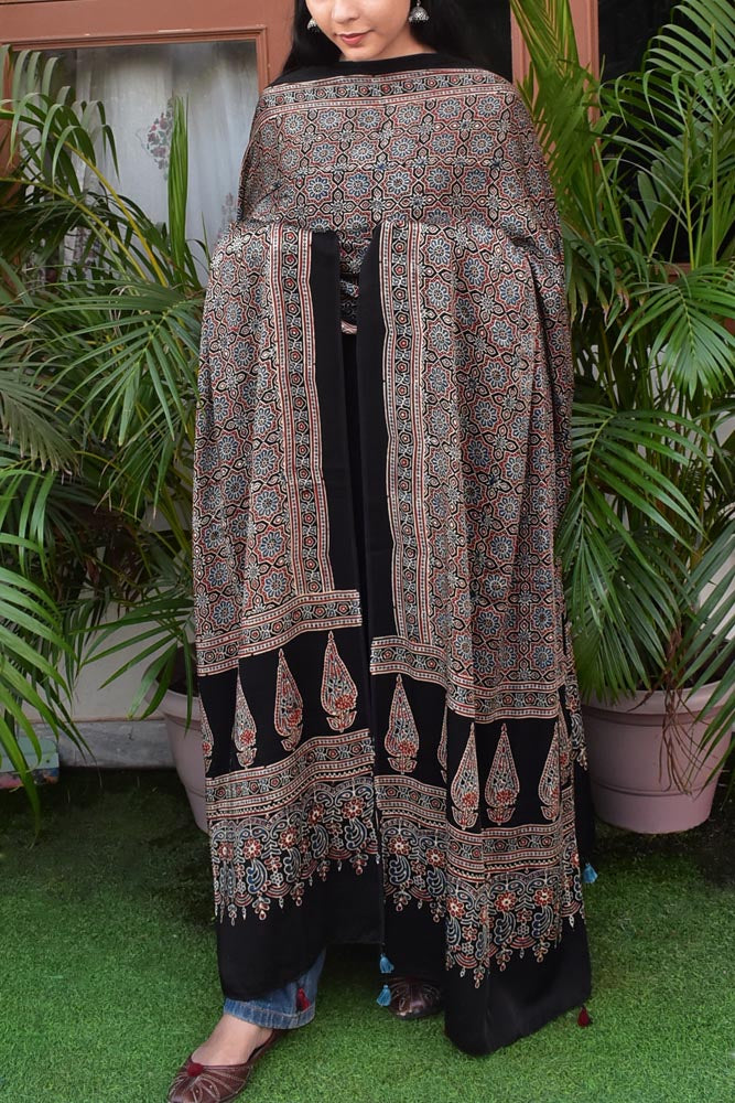 Elegant Modal Silk Ajrakh Block Print Dupatta with tassels