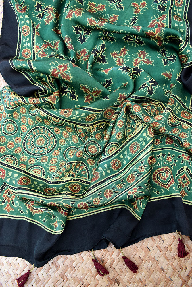 Beautiful Hand Block Printed Ajrakh Modal Silk stole with Tassels