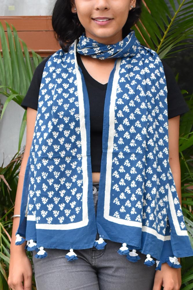 Elegant Hand block printed Cotton stole with cloth tassels