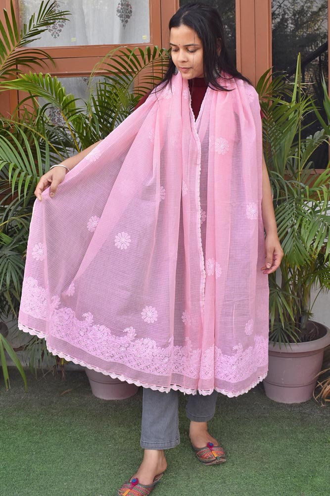 Kota Cotton Dupatta with Hand Chikankari embroidery & crochet borders