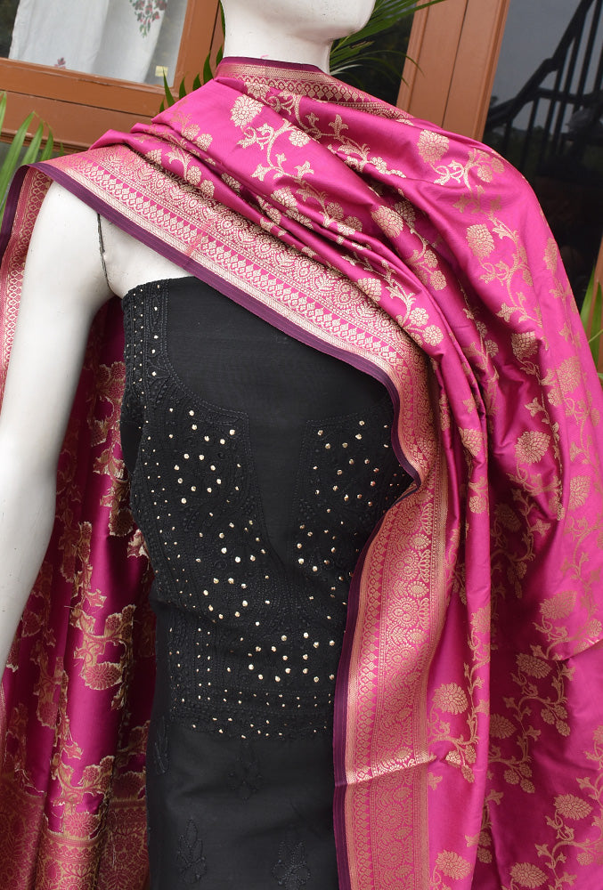 Chikankari & Muqaish work Chanderi Kurta Fabric with Banarasi Dupatta and Chanderi bottom