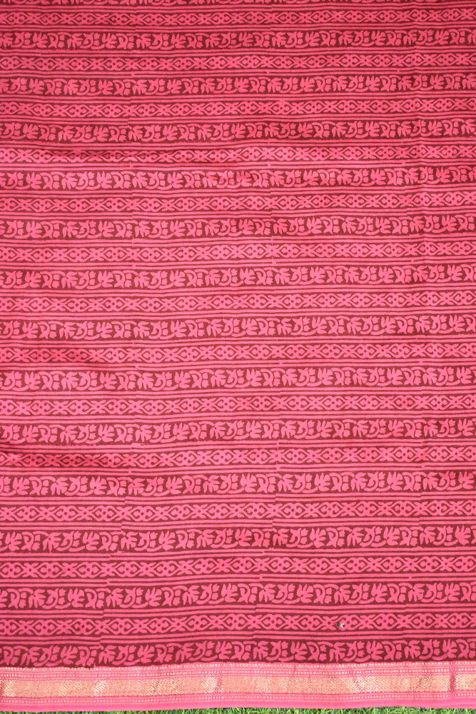 Bagh Hand Block Printed unstitched 3 pcs Handwoven Maheshwari suit fabric with Zari borders & Lagdi ( zari palla )