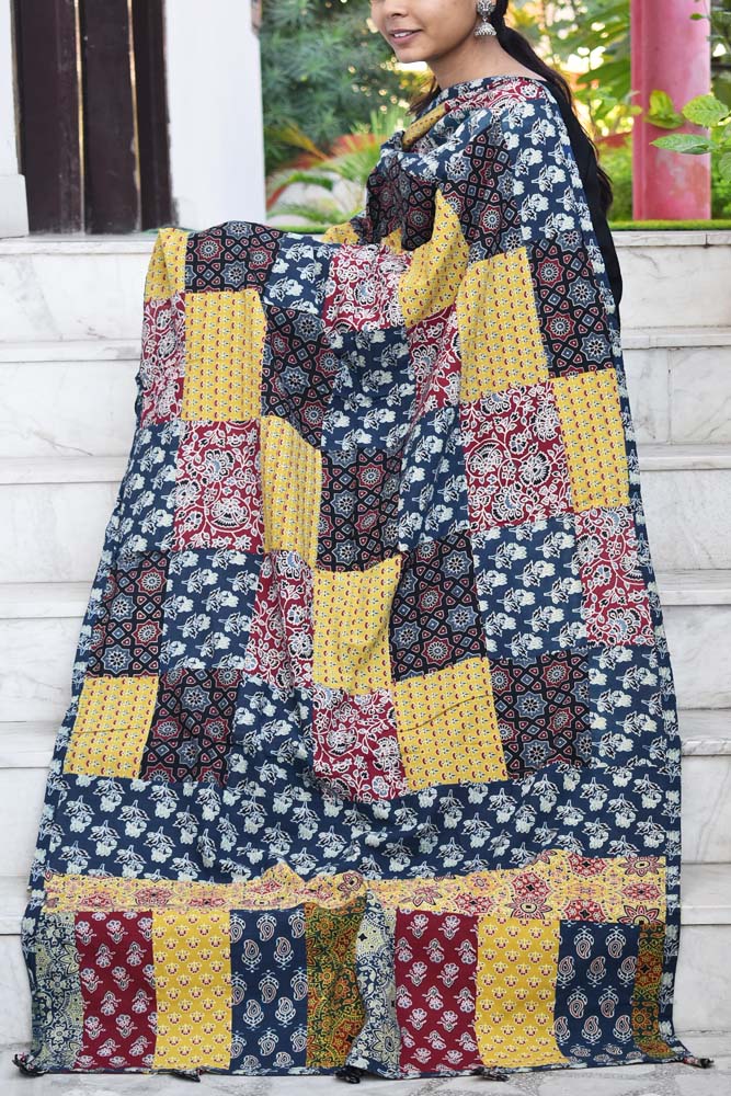 Barmer Ajrakh Patch Work Cotton Dupatta with Tassels