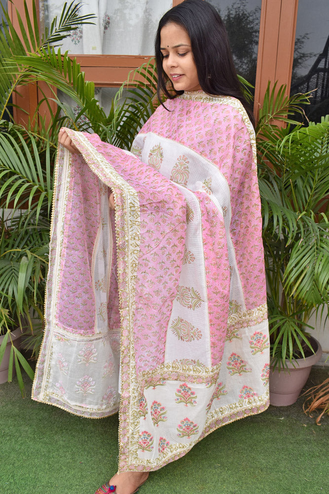 Hand Block Printed, Patch and Embroidery Work Kota Doria Dupatta