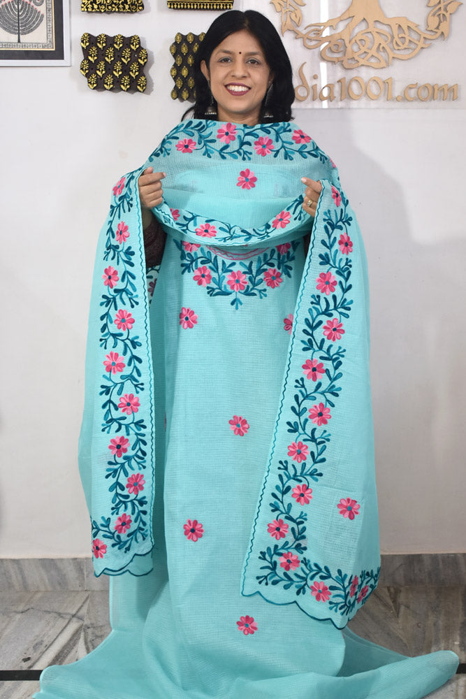 Elegant Kota Unstitched Kurta & Dupatta set with Aari work