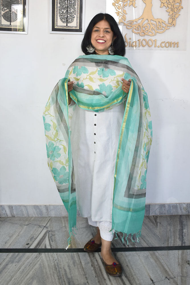 Hand Block Printed & Brush painted Kota Doria Cotton Dupatta