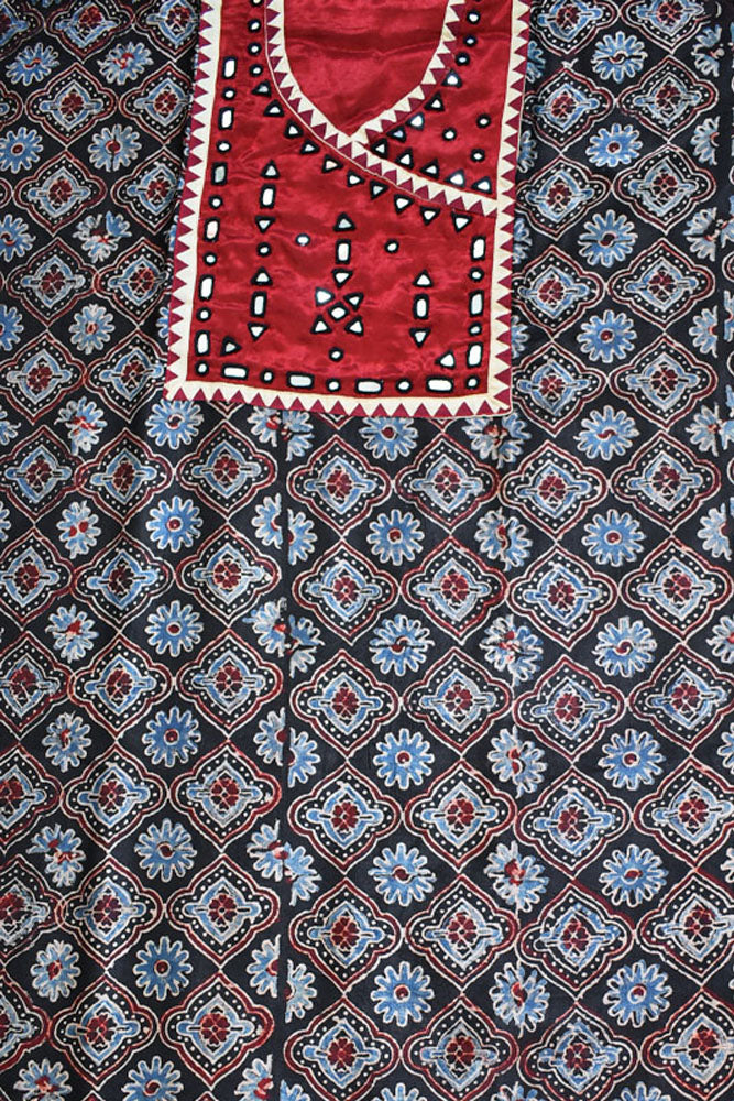 Designer Ajrakh Mashru Kurta Fabric with Kutch Mirror Work patch