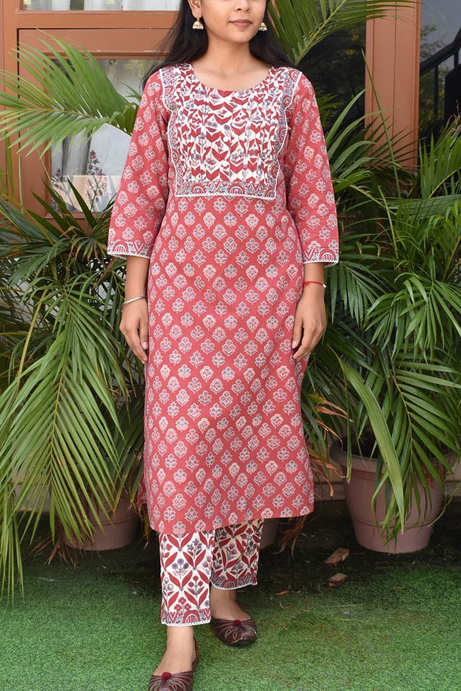 Soft Cotton Kurta and pant set with Embroidery & Lace details -Size 36, 38