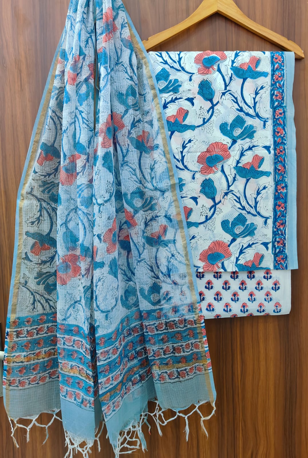 Beautiful Hand Block Printed Cotton unstitched suit fabric with Kota Doria Dupatta