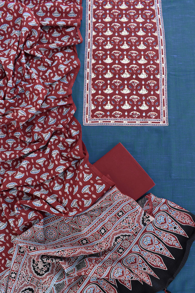 Premium Cotton Unstitched Suit with Ajrakh patch, Intricate Hand Embroidery & barmer Ajrakh dupatta