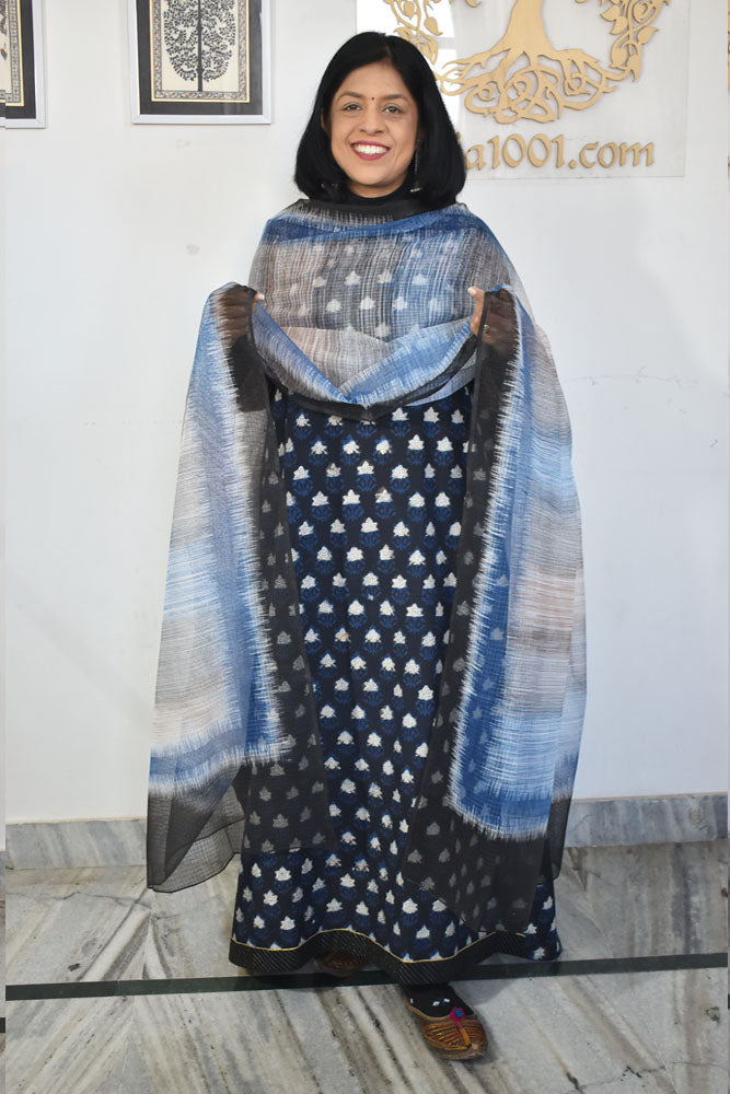 Beautiful Cotton Unstitched Suit with Jahota Block print Brush Paint Kota doria dupatta