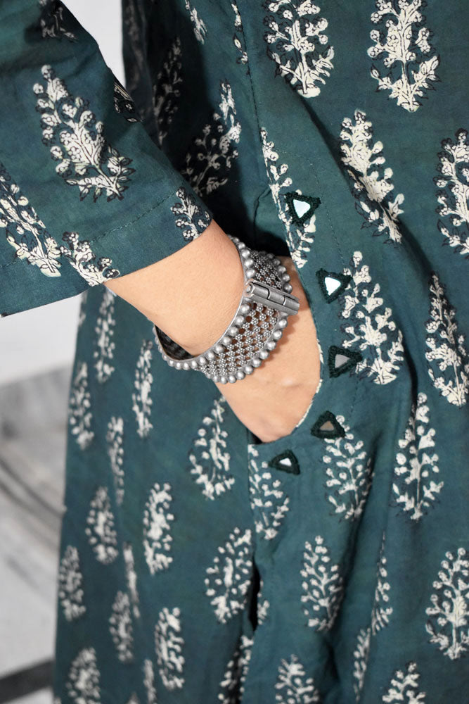 Beautiful Hand Block Printed Vanaspati Ajrakh Cotton kurta with Kutch Mirror work , Size 40 to 46