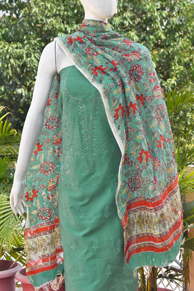 Beautiful Sanganer Block Print Chanderi dupatta with Chanderi Chikankari & Muqaish Work Kurta
