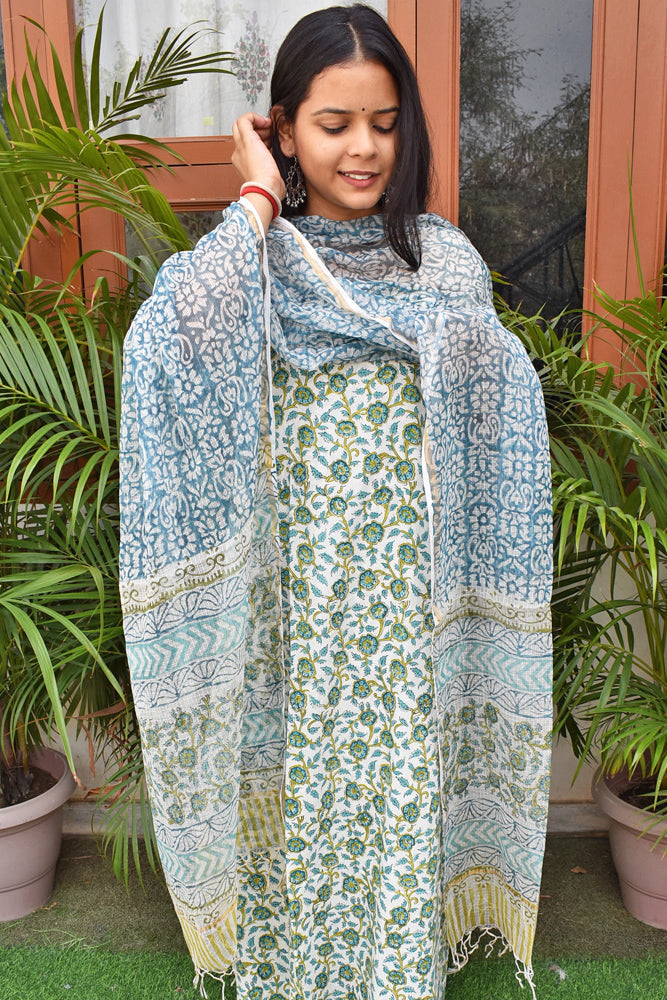 Beautiful Hand Block Printed Cotton unstitched suit fabric with Kota Doria Dupatta