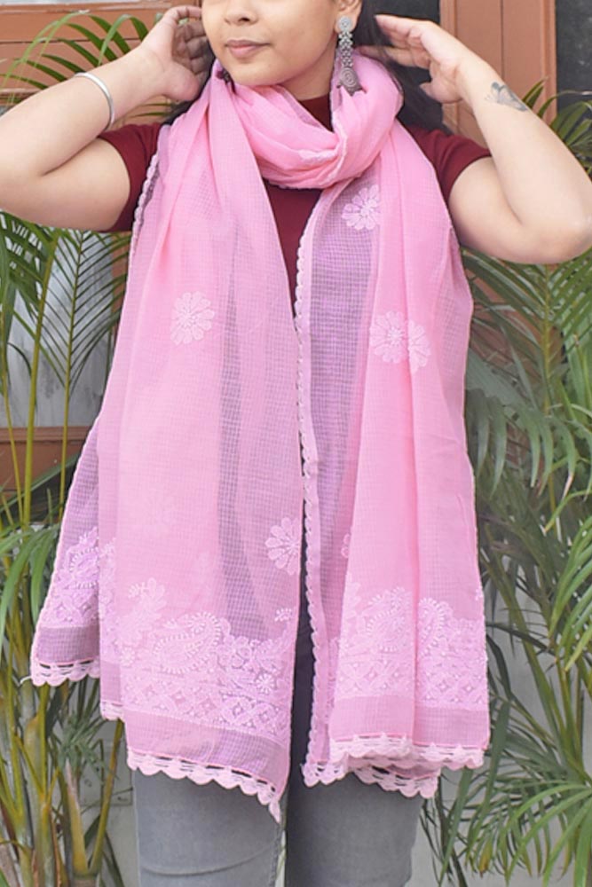 Kota Cotton Dupatta with Hand Chikankari embroidery & crochet borders