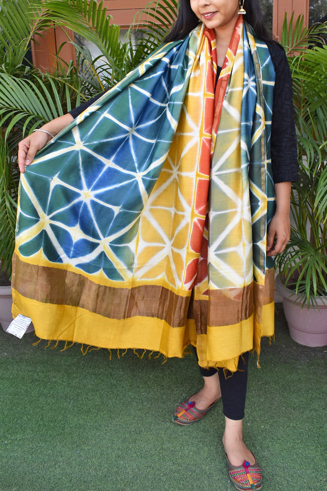 Clamp Dyed Chanderi Dupatta with Zari border and palla