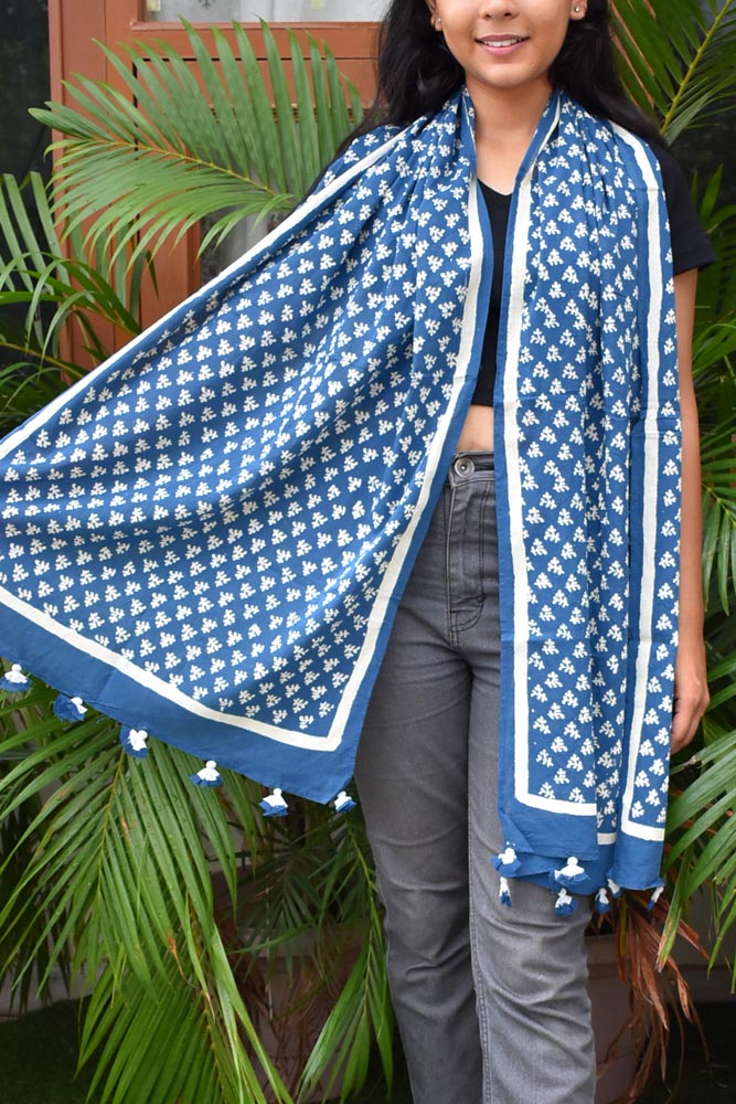 Elegant Hand block printed Cotton stole with cloth tassels