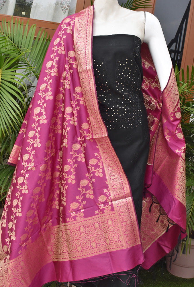 Chikankari & Muqaish work Chanderi Kurta Fabric with Banarasi Dupatta and Chanderi bottom