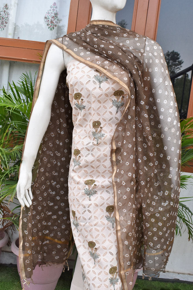 Hand Block Printed Cotton Suit with Hand applique work & Kota dupatta