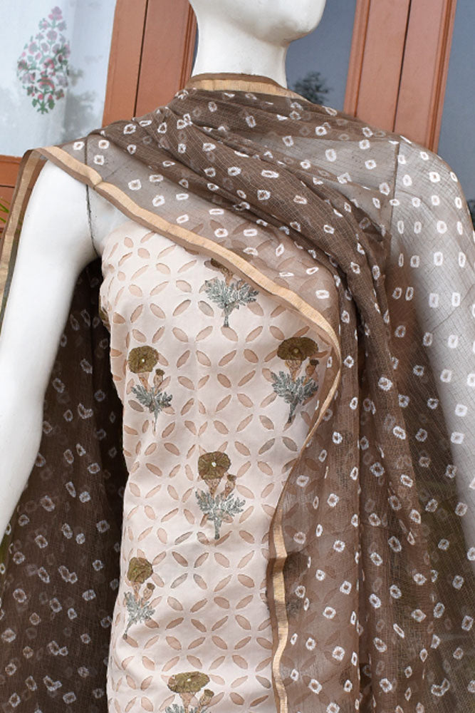 Hand Block Printed Cotton Suit with Hand applique work & Kota dupatta