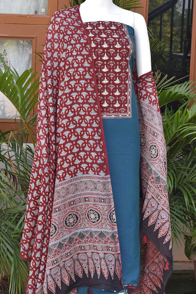 Premium Cotton Unstitched Suit with Ajrakh patch, Intricate Hand Embroidery & barmer Ajrakh dupatta