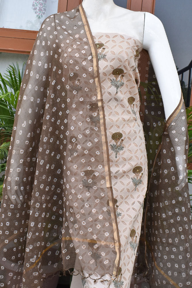 Hand Block Printed Cotton Suit with Hand applique work & Kota dupatta