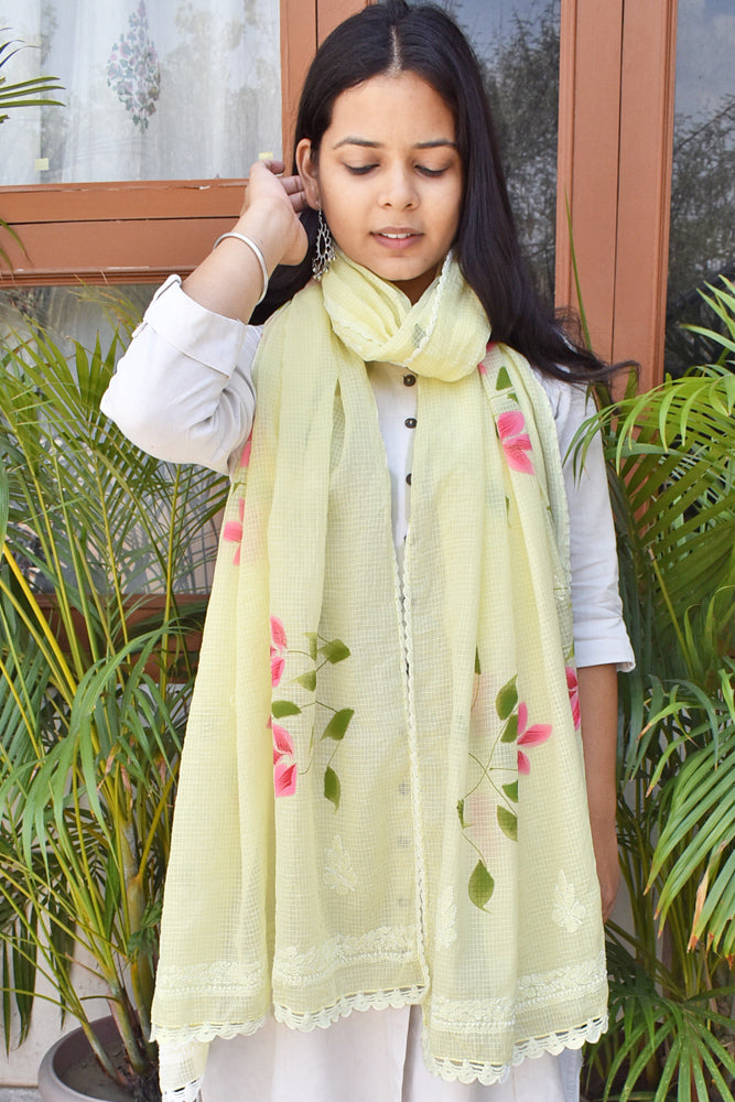Kota Cotton Dupatta with Hand Paint, Hand Chikankari embroidery & crochet borders on all sides