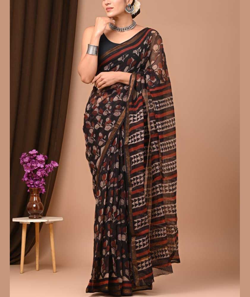 Beautiful Hand Block Printed Kota cotton Saree with zari border