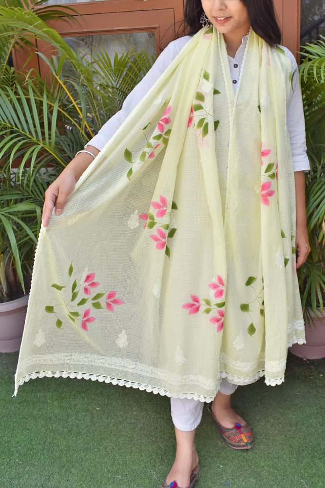 Kota Cotton Dupatta with Hand Paint, Hand Chikankari embroidery & crochet borders on all sides