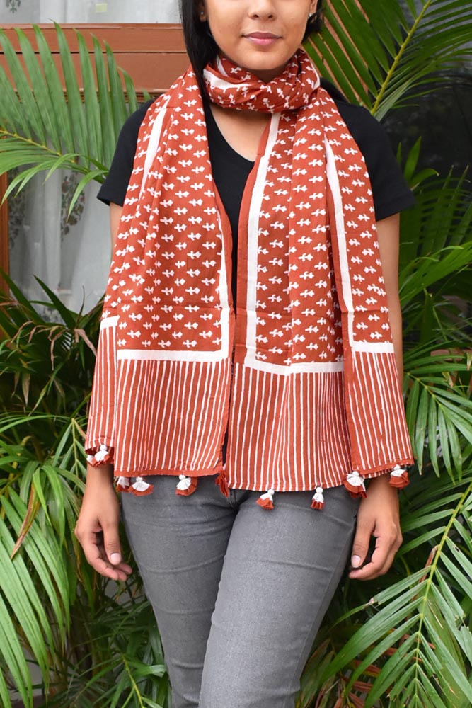 Elegant Hand block printed Cotton stole with cloth tassels