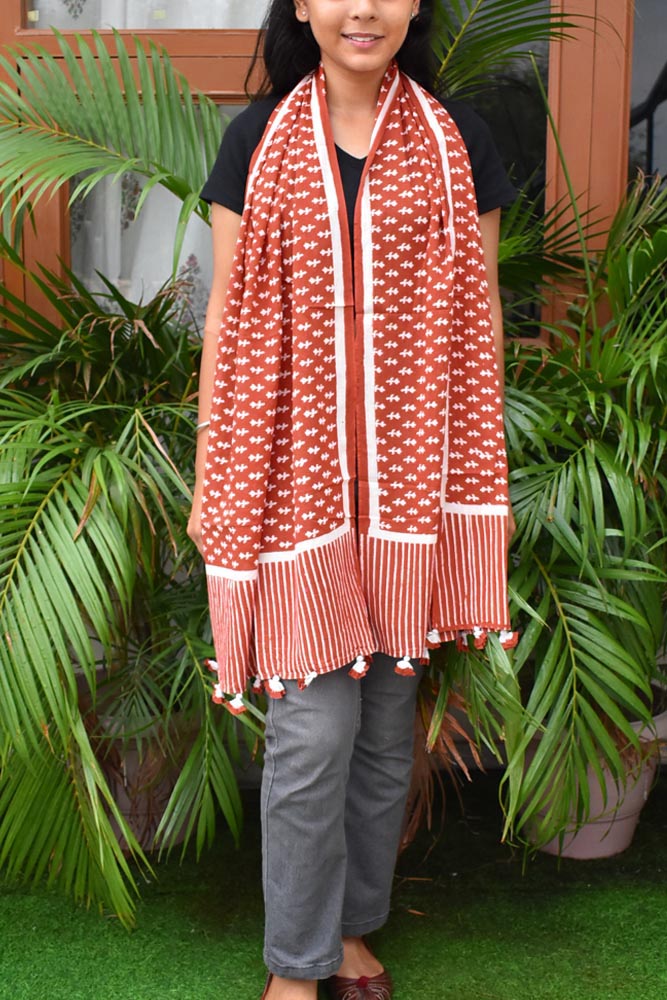 Elegant Hand block printed Cotton stole with cloth tassels