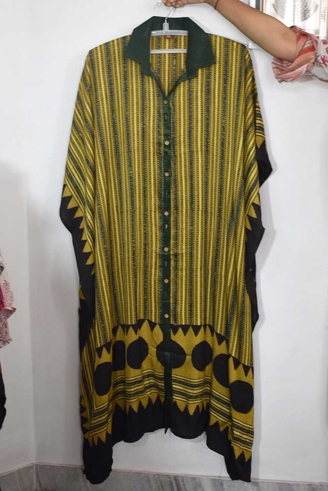Beautiful Hand Block Printed Ajrakh Modal Silk Kaftan, Size 38 to 50