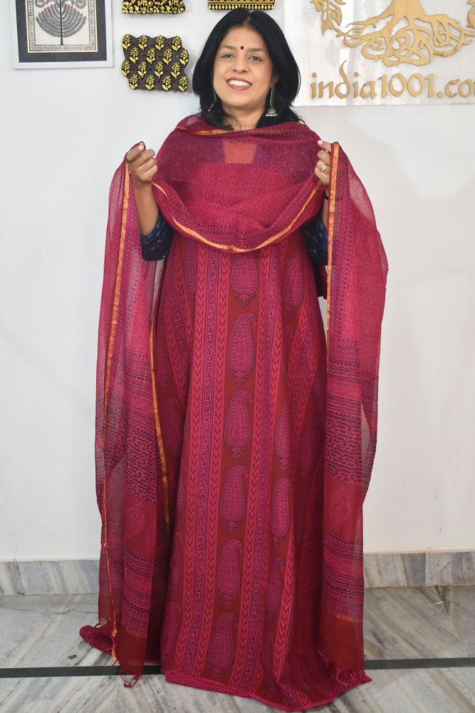 Classic Bagh Block Printed unstitched suit fabric with Kota Doria dupatta