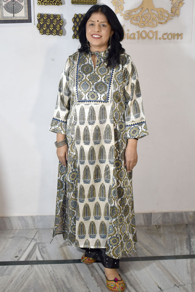 Beautiful Mashru Silk Kurta with Ajrakh block print - Size 40 - 48