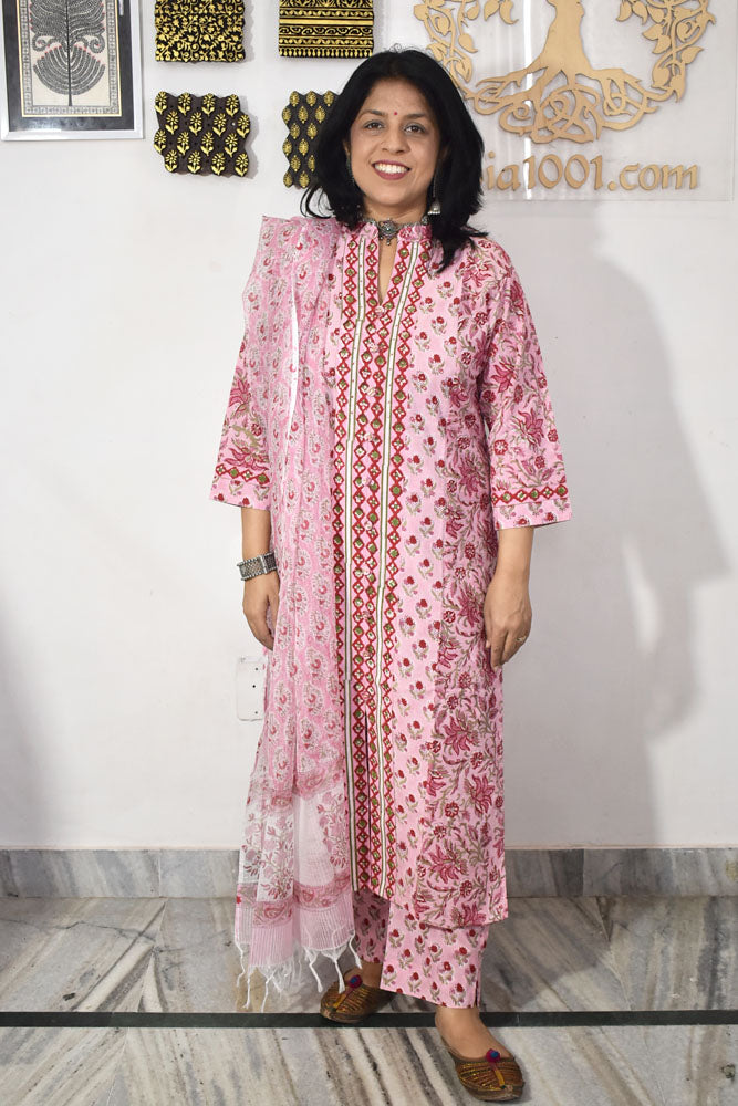 Hand Block Printed Cotton suit with Hand Embroidery - Kurta , Kota Dupatta & Pant - size 38, 40, 42, 44, 46