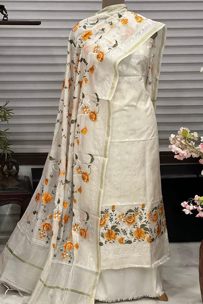 Beautiful embroidered Banarasi Slub Cotton Chanderi suit