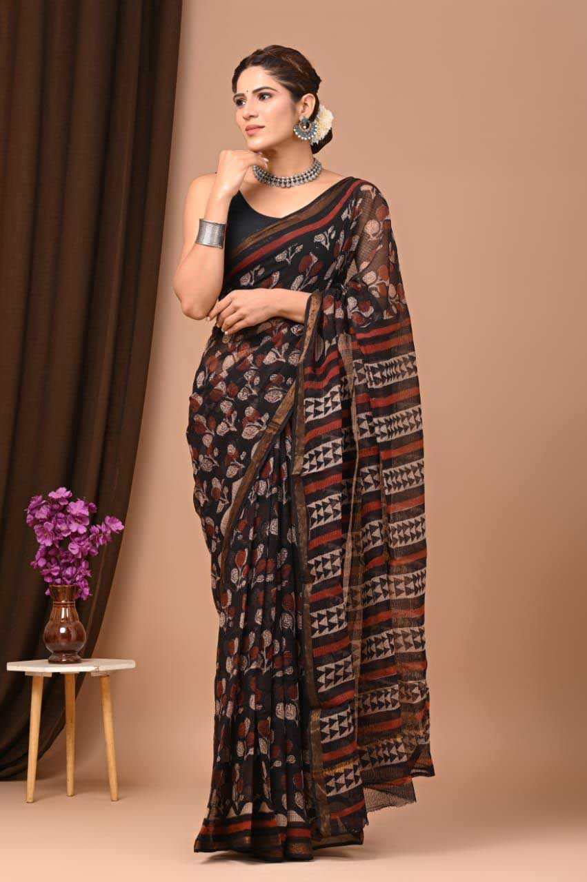 Beautiful Hand Block Printed Kota cotton Saree with zari border