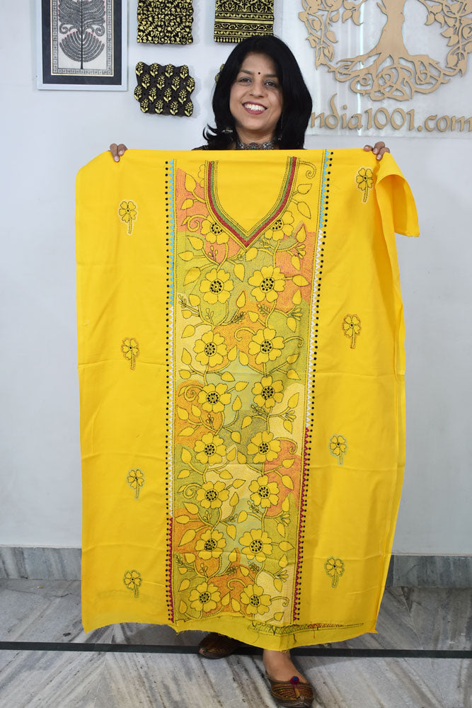 Hand Embroidered Kantha work cotton fabric - (Length 2.8 mtrs )