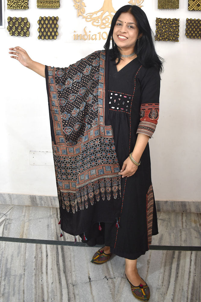 Beautiful Hand Block Printed Ajrakh Modal Silk stole with Tassels