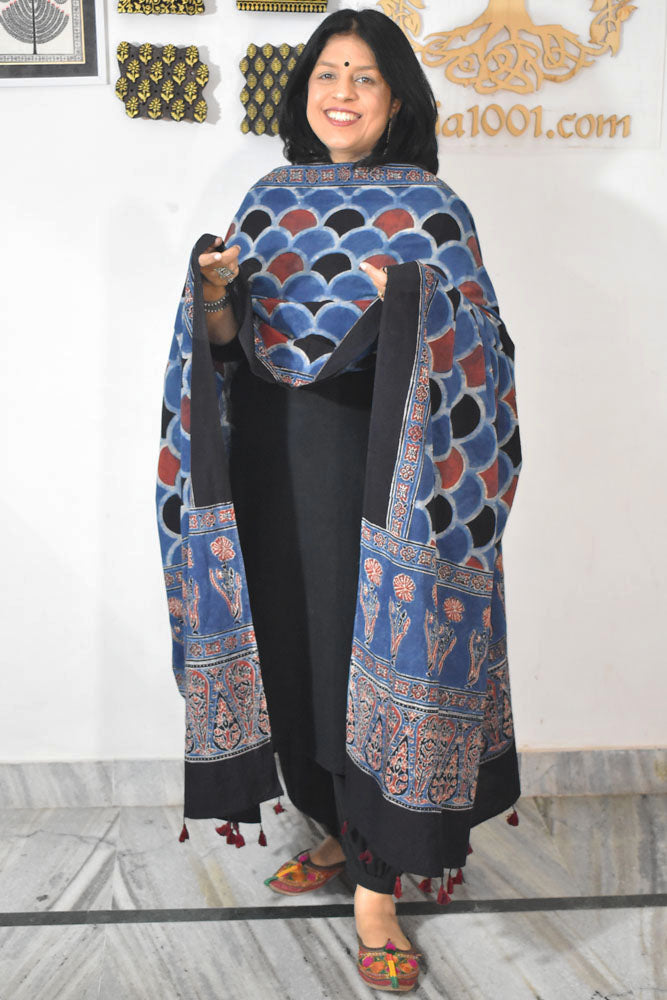 Ajrakh Hand Block Printed Cotton Dupatta with Tassels & natural dyes