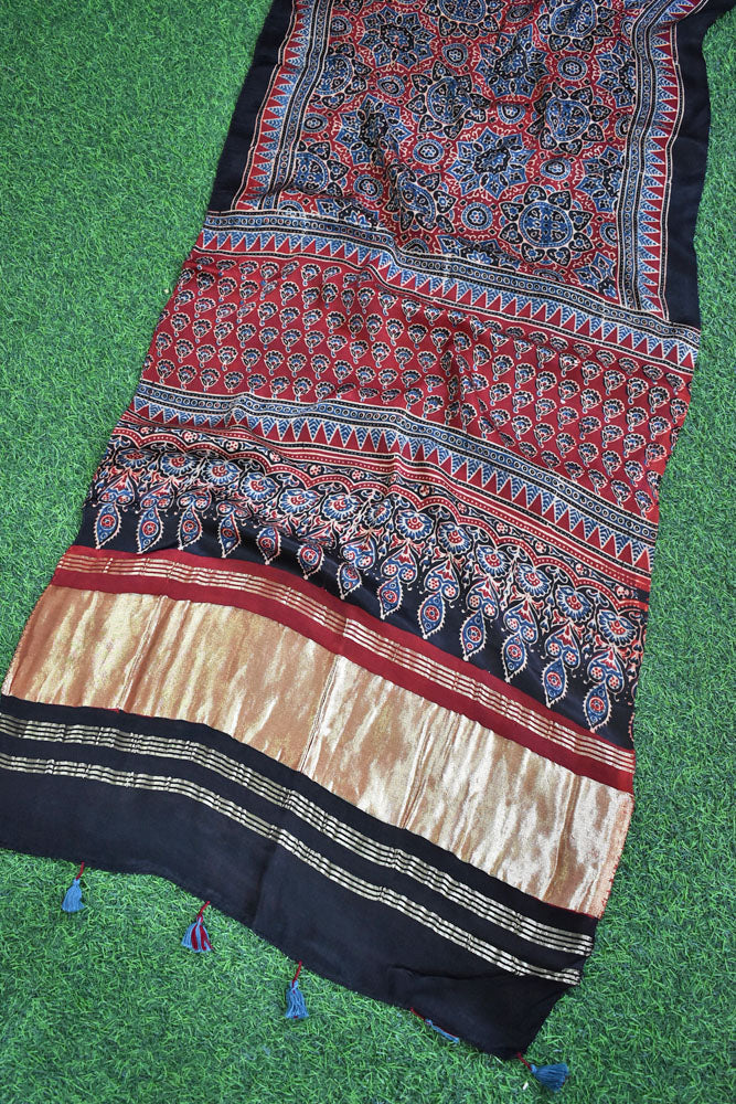 Beautiful Ajrakh Modal Silk Hand block Printed Stole with lagdi patta
